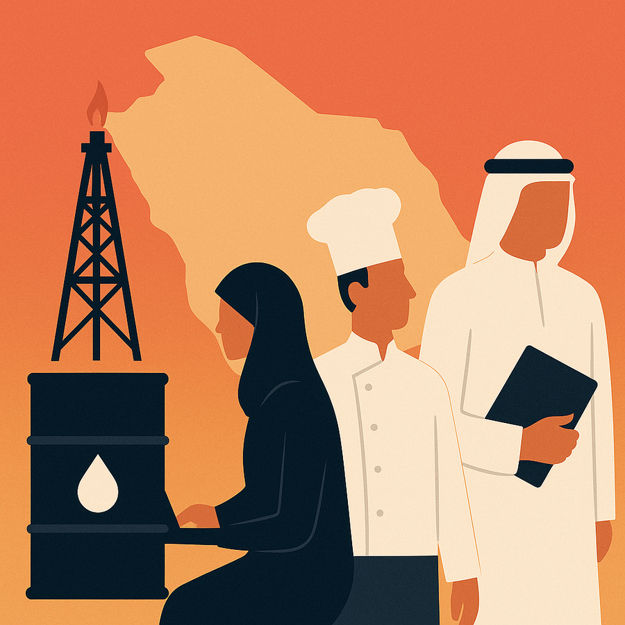 Minimalist red-and-beige illustration showing a Saudi man walking from an oil pumpjack toward a modern office building, symbolising Saudi Arabia’s transition from oil-based work to skill-driven service jobs.