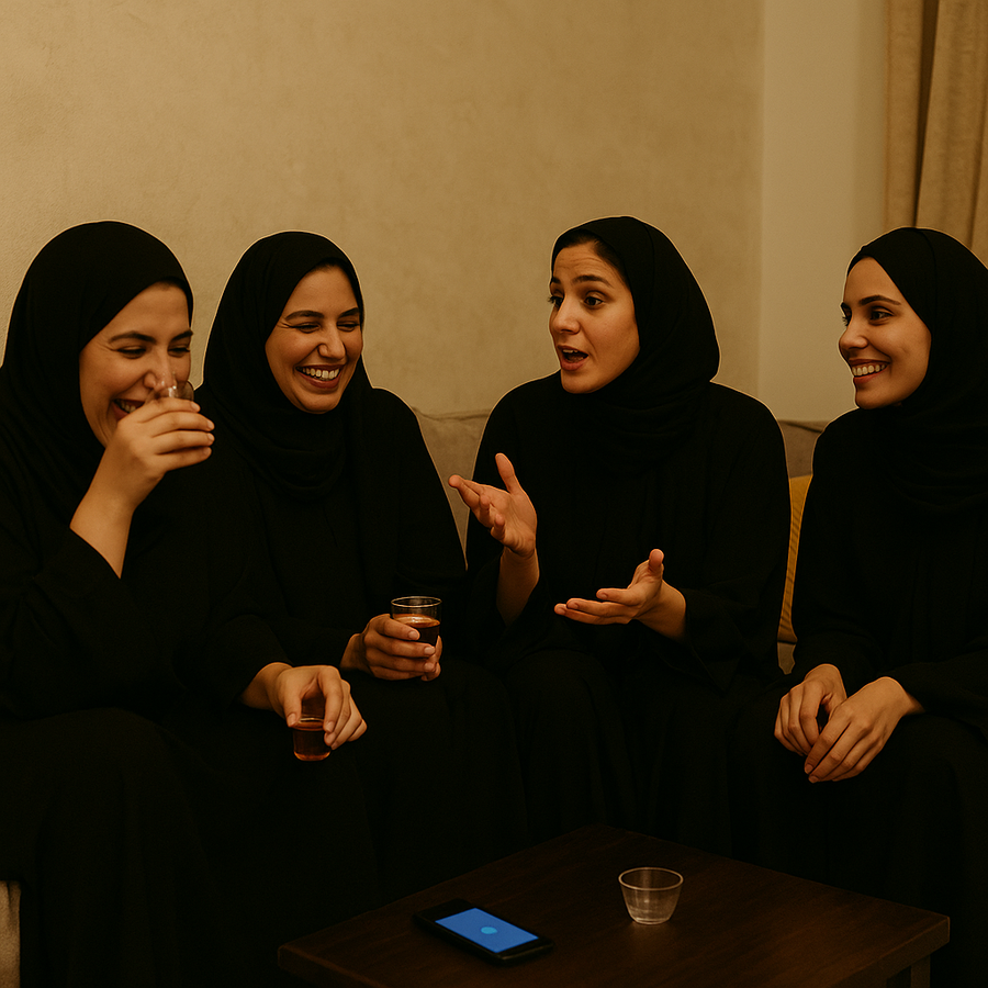 Four Saudi women in black abayas and hijabs sit together indoors, smiling and laughing while holding small cups of Arabic coffee, with a phone placed on the table in front of them.