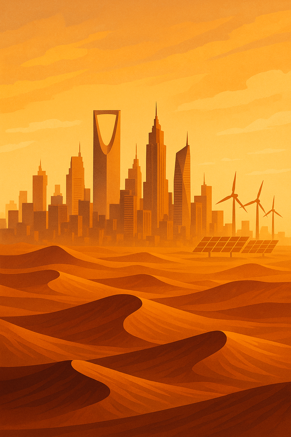 Digital illustration of a Saudi city skyline emerging from desert dunes, with wind turbines and solar panels symbolizing the country’s shift from oil to renewable energy.