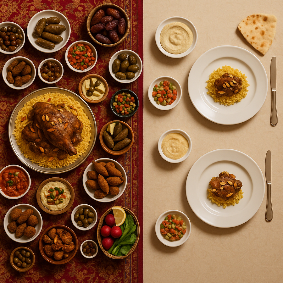 Split table showing a lavish Saudi feast on one side and a minimalist meal on the other, highlighting the contrast between excess and restraint.
