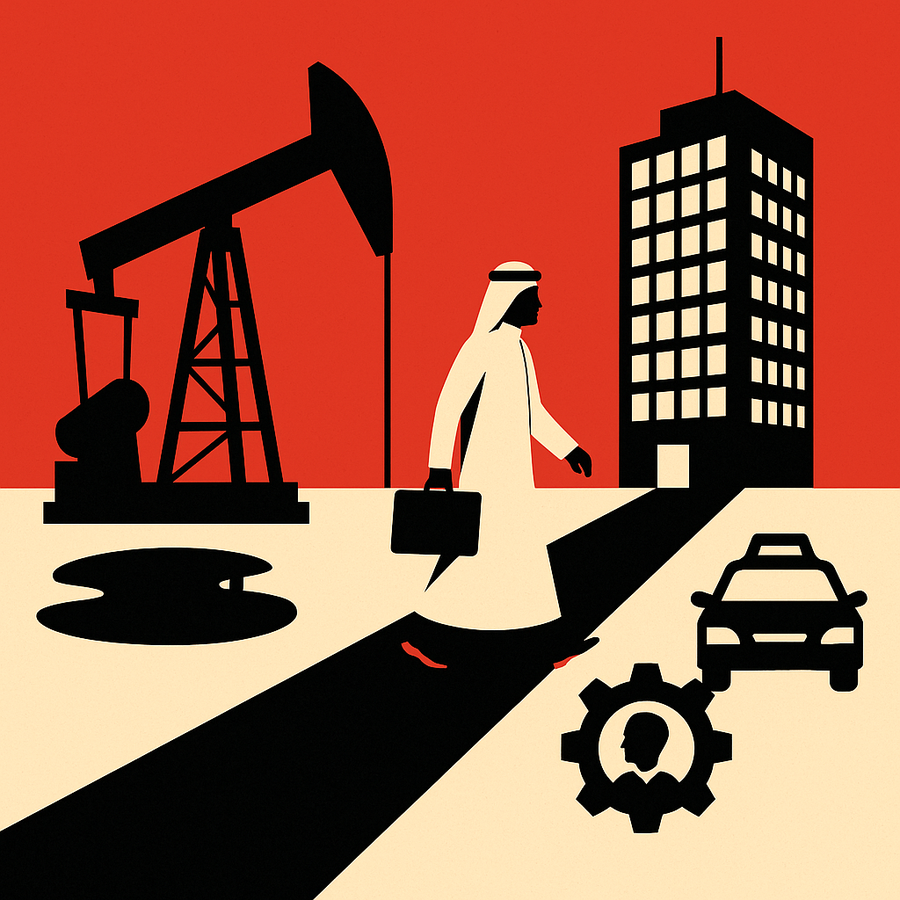 Minimalist red-and-beige illustration showing a Saudi man walking from an oil pumpjack toward a modern office building, symbolising Saudi Arabia’s transition from oil-based work to skill-driven service jobs.
