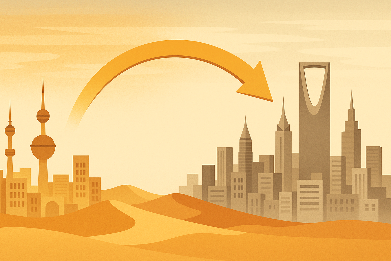 Minimalist illustration of Kuwait City and Riyadh skylines connected by a golden arrow over desert dunes, symbolizing parallel progress and transformation across the Gulf.