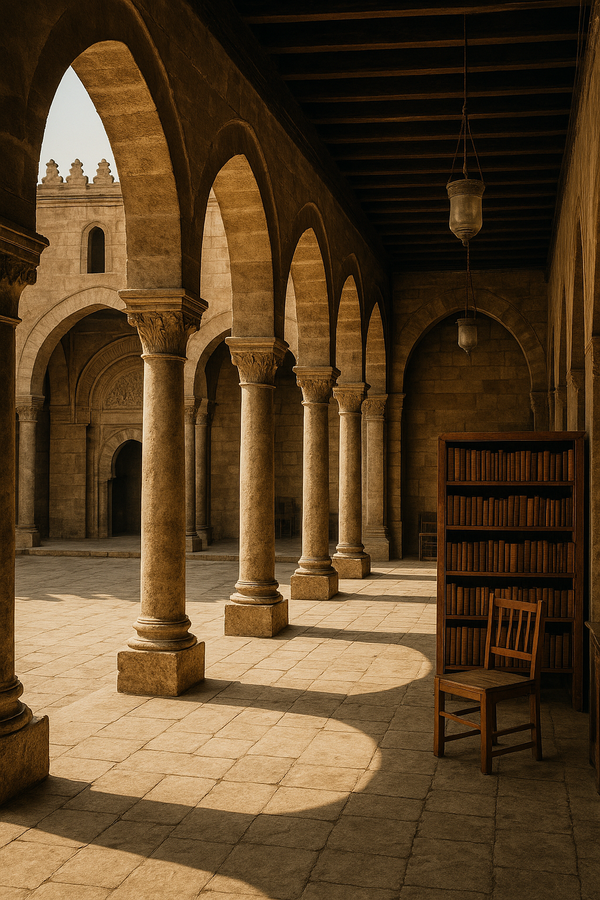 Stone-columned courtyard with arched walkways and a bookshelf, evoking an Abbasid-era setting where women’s intellectual and cultural roles unfolded beyond royal courts.