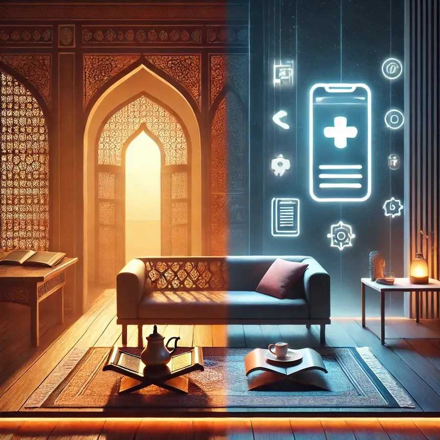 An abstract illustration showing the shift in mental health awareness in Saudi Arabia, contrasting traditional support through family and faith with modern therapy and digital tools.