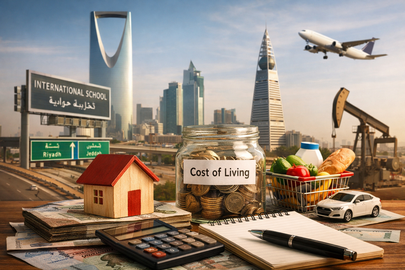 Illustration showing key cost of living elements in Saudi Arabia, including housing, groceries, transport, and education, set against the Riyadh skyline.