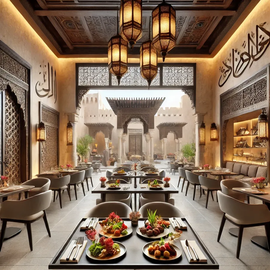 A modern Saudi Arabian restaurant blending traditional architecture with contemporary design. The scene includes elegantly plated Saudi dishes like jareesh and seafood, with soft lighting, Arabic calligraphy, and a view of Riyadh's historic Diriyah distri