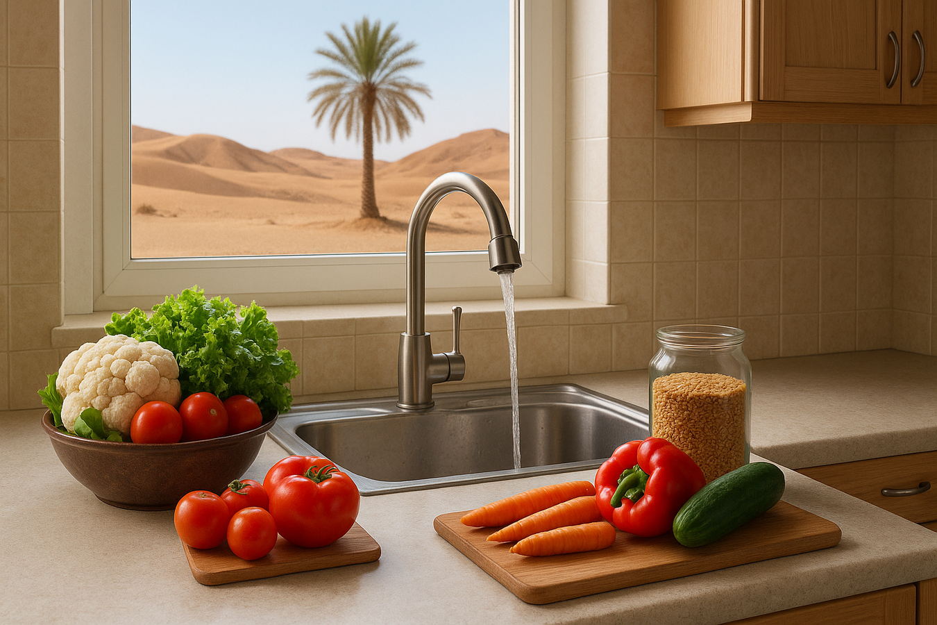 Sunlit kitchen with fresh vegetables, flowing water, and a desert landscape outside, symbolizing food and water security.