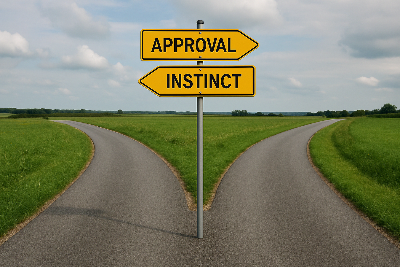 Forked road with signs reading “Approval” and “Instinct” in a grassy countryside.