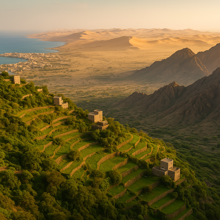 A high-resolution aerial view showing Saudi Arabia’s diverse regions: green terraced hills, rugged mountains, sweeping desert dunes, and a coastal city along the shoreline, all captured under soft golden light.