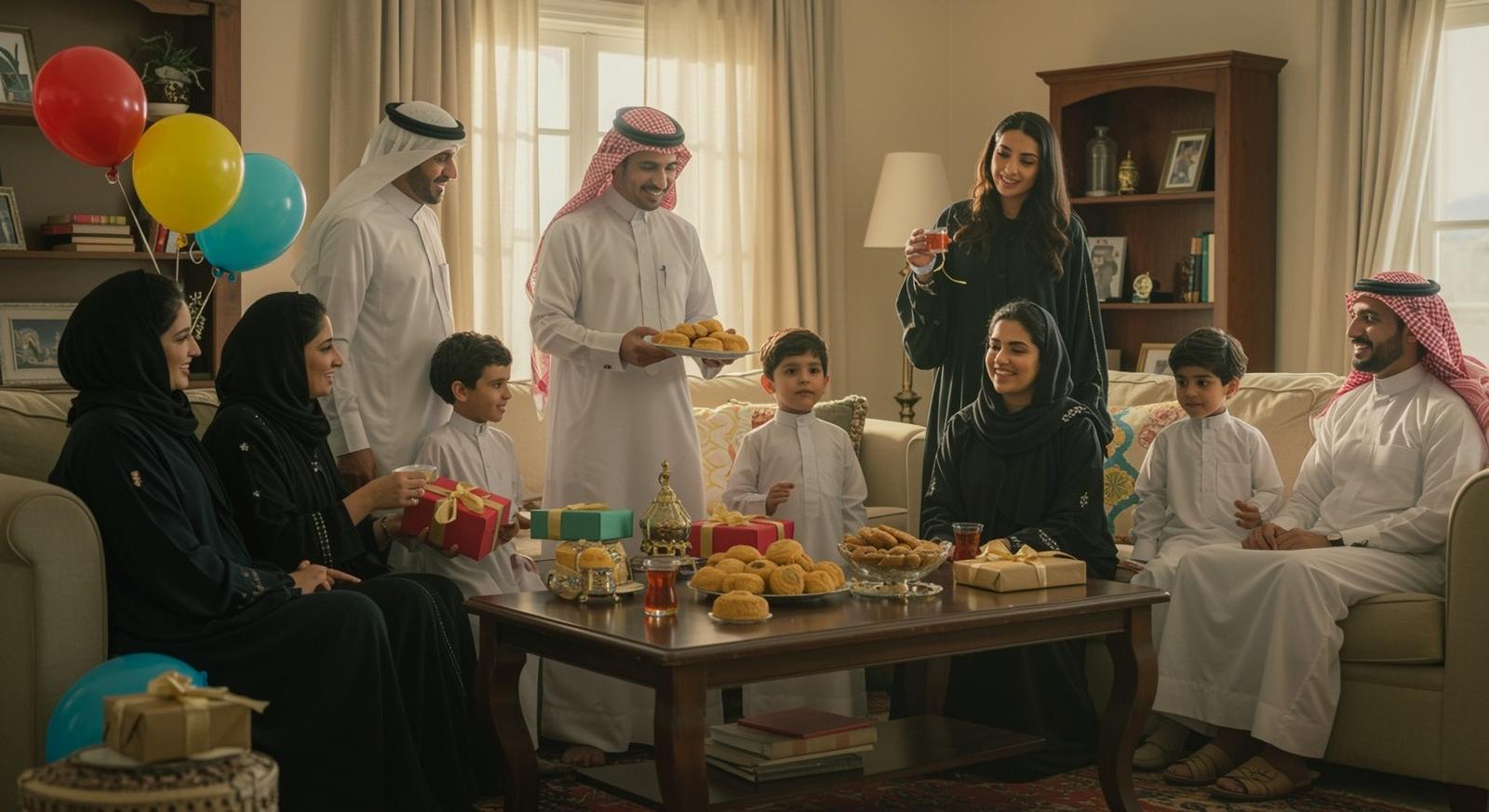 A Saudi family of three generations gathers in a living room decorated with balloons and gifts. Men, women, and children dressed in traditional attire share food, tea, and presents, reflecting both festive warmth and the generational bonds that shape Saud
