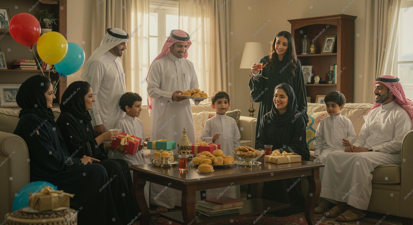 A multigenerational Saudi family celebrates together in a living room, sharing tea, sweets, and gifts. Adults and children wear traditional attire, surrounded by balloons and decorations, symbolizing cultural warmth and family connection amid societal cha