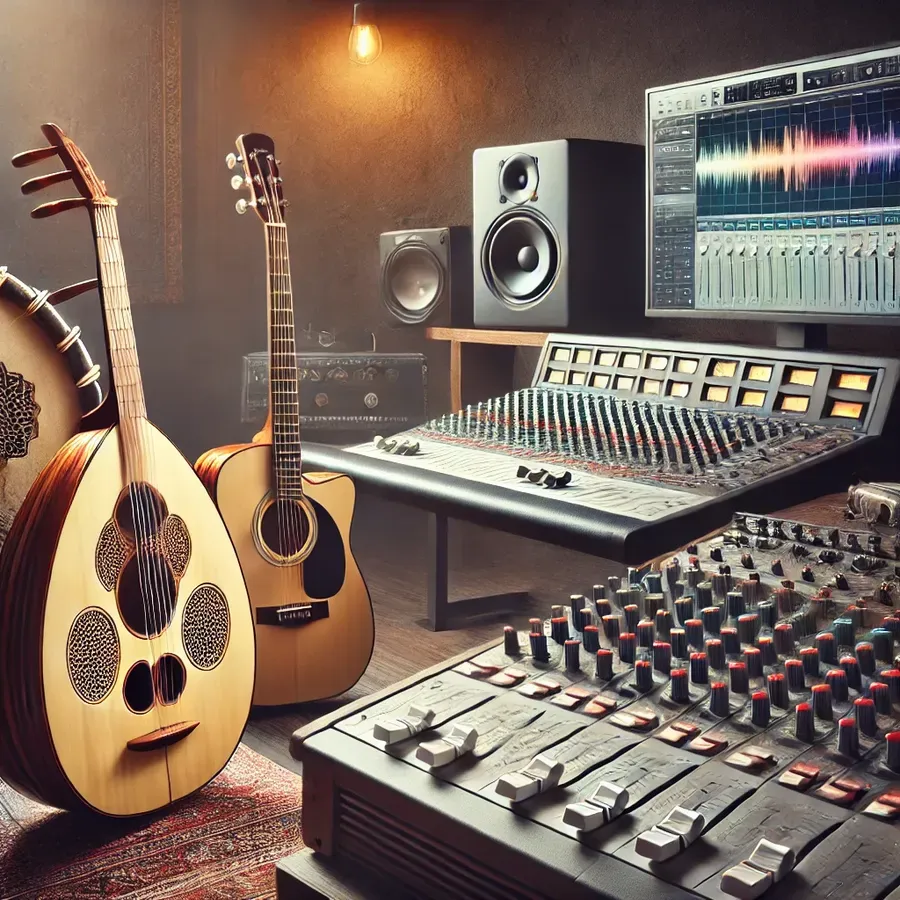 A music studio with an oud, qanun, electric guitar, and keyboard, symbolizing cultural fusion.