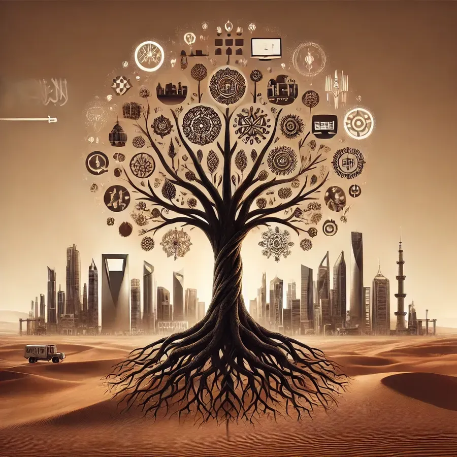 An artistic tree with branches symbolizing tradition, modernity, community, and individuality, rooted in desert sand and reaching toward a futuristic skyline.