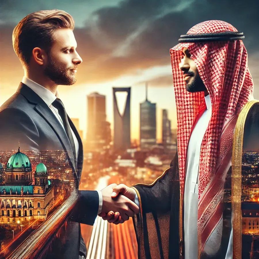 A professional business handshake between a German and a Saudi professional, symbolizing economic collaboration. The German wears a modern business suit, while the Saudi wears a traditional thobe and ghutra. The background is blurred, featuring a blend of
