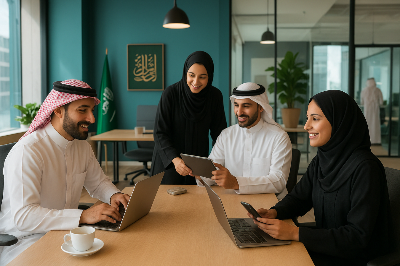 Modern office in Saudi Arabia with men and women working together, reflecting evolving work culture that blends tradition and modern practices.
