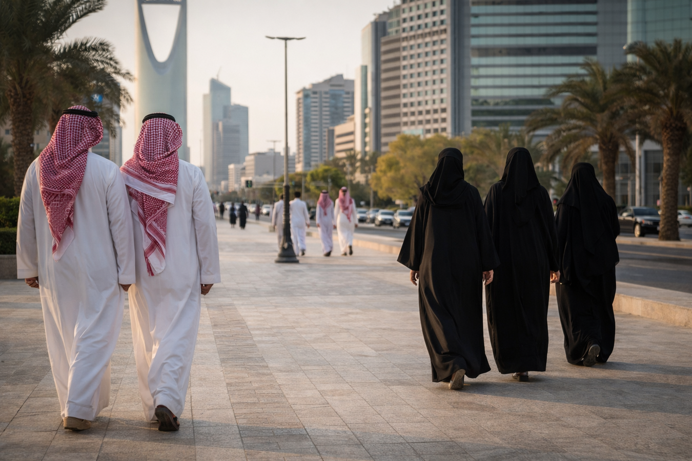 People walking calmly along a public street in Riyadh, reflecting everyday social etiquette and modest public behavior in Saudi Arabia.