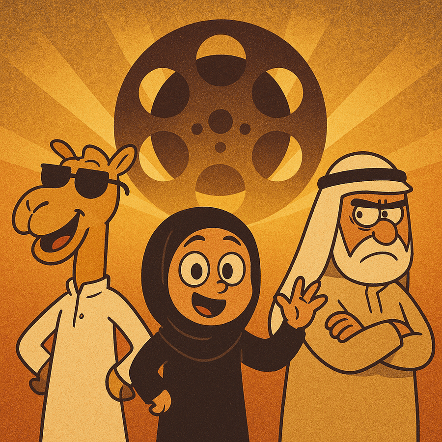 Gulf man and Japanese woman creating animation together on a tablet, symbolizing cross-cultural creativity.