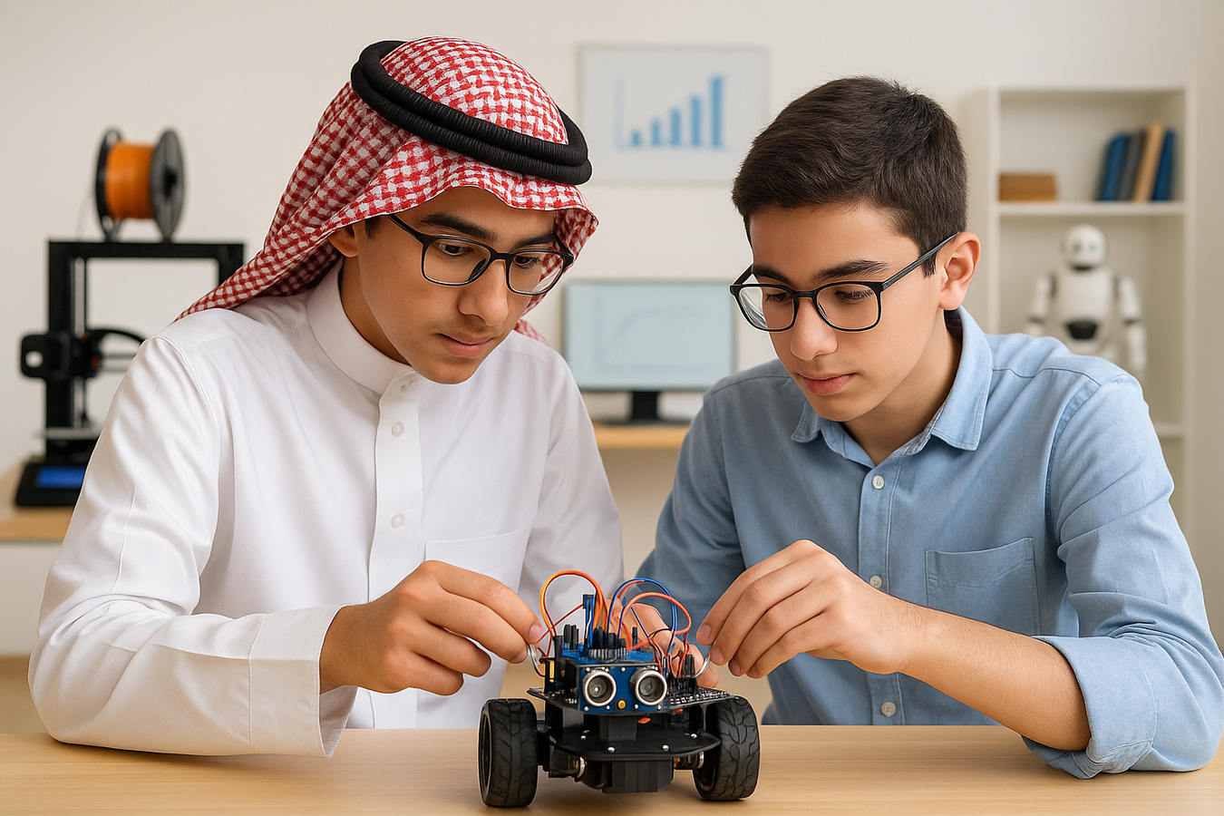 Two Saudi teenage students, one in traditional attire and one in a blue shirt, work together on a small wheeled robot in a bright classroom equipped with a 3D printer and digital learning tools.