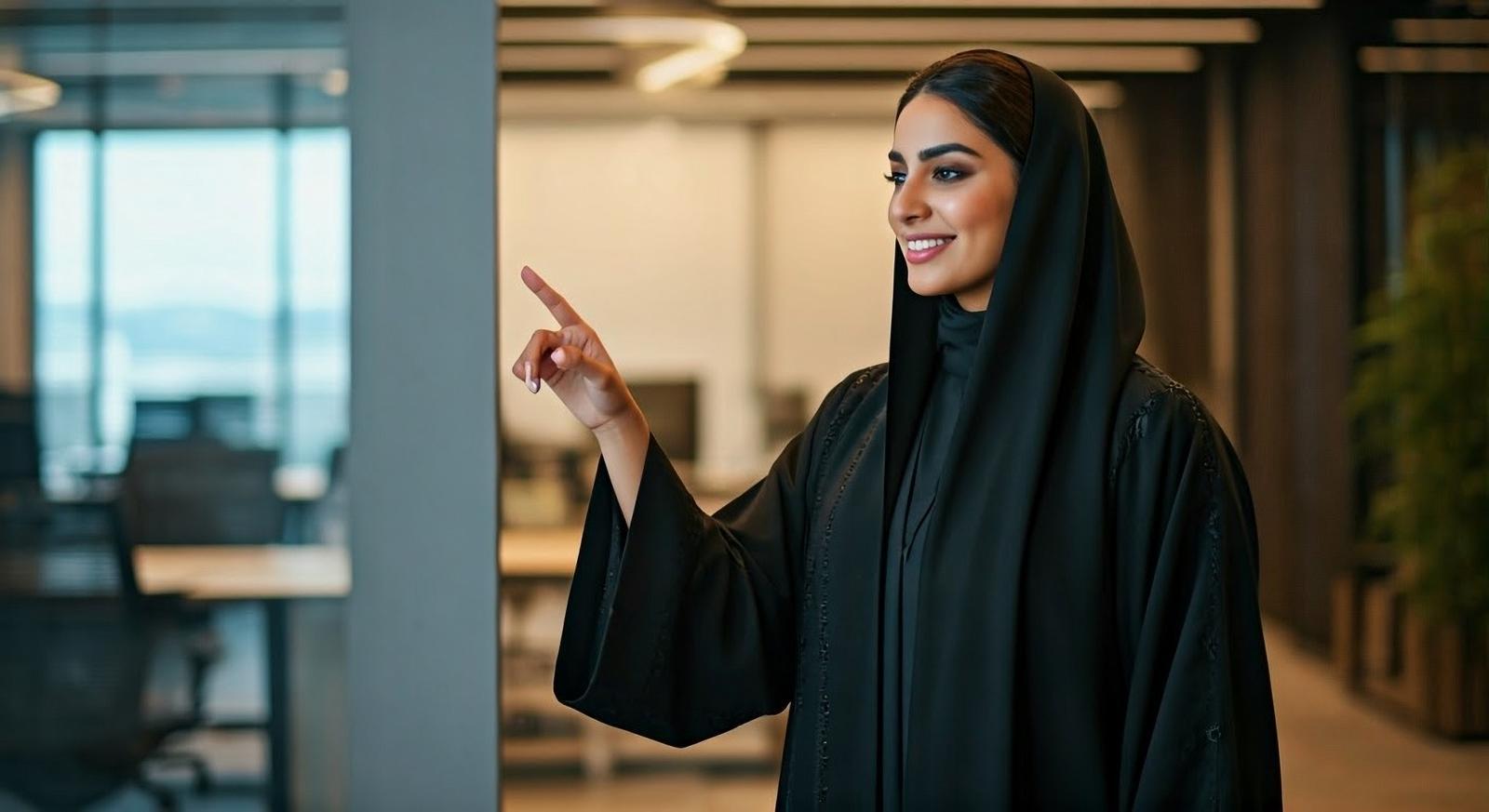 A professional Saudi woman in a modern office, symbolizing the rise of women in the Saudi workforce.