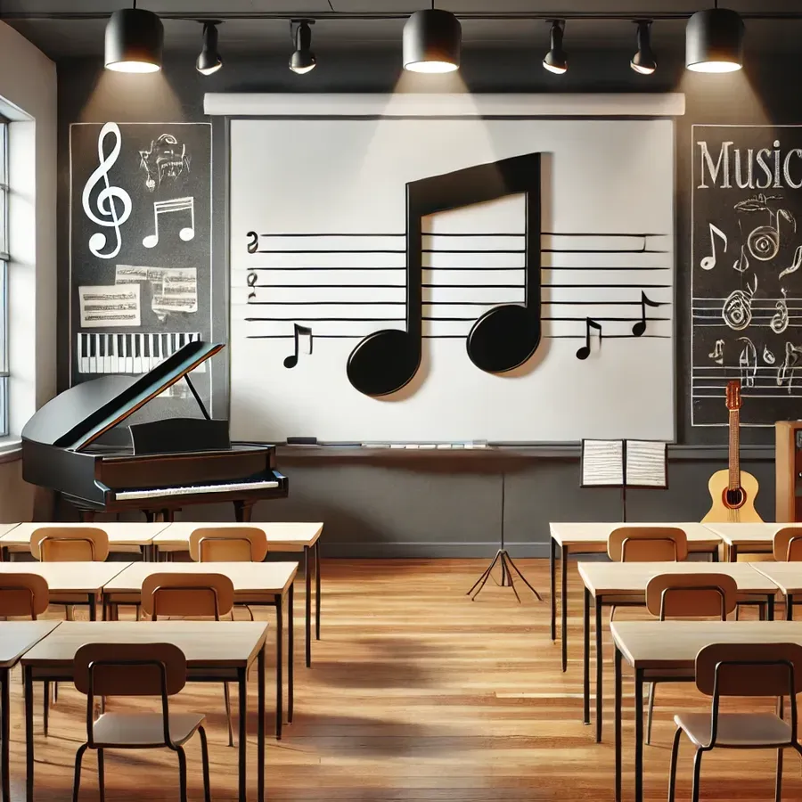 A modern, well-lit classroom with a large musical note displayed on a whiteboard. The room is empty, featuring neatly arranged desks and chairs, with walls decorated with posters of musical notes and instruments. A piano and other musical instruments are