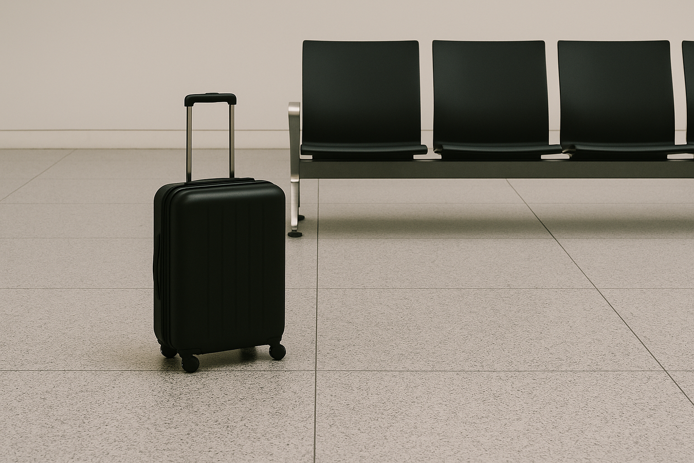 Single suitcase on a polished airport floor near large terminal windows.