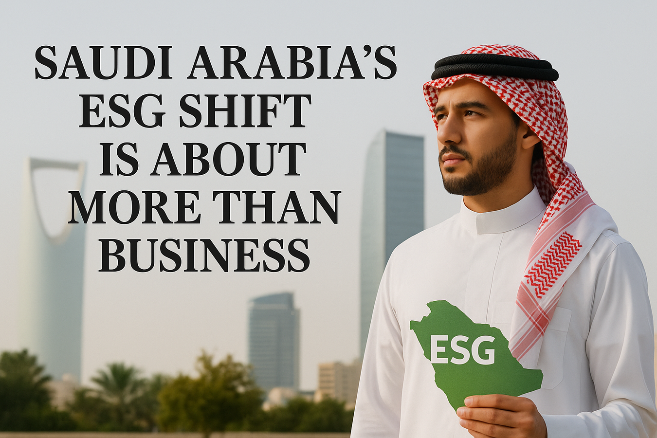Saudi man with ESG sign in Riyadh, symbolizing Saudi Arabia’s ESG adoption.