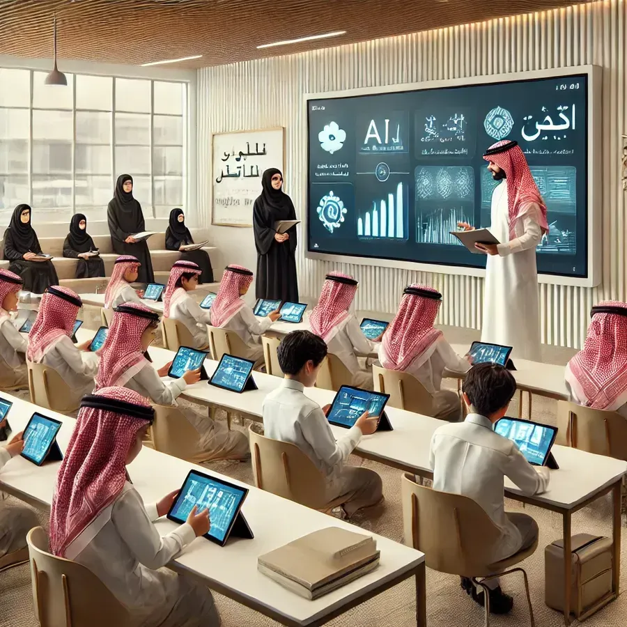 Saudi boys and girls in a modern classroom, guided by a teacher using AI tools for digital lessons on tablets, blending tradition and innovation.