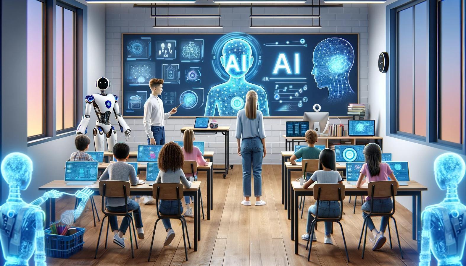A futuristic classroom with advanced AI Technology (Image: generated by DALL·E AI)