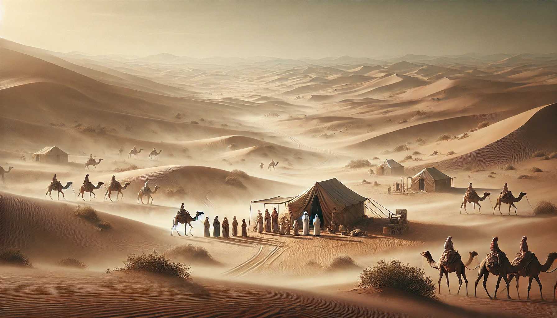 Representation of traditional Bedouin desert life, featuring tents, camels, and people in traditional attire against a desert landscape. (Source: DALLE)