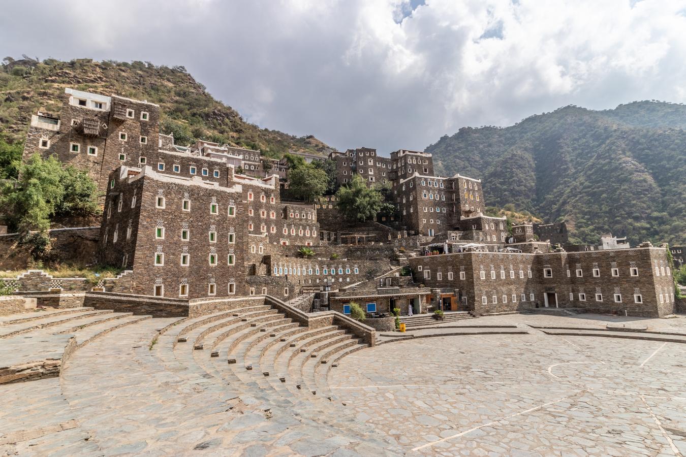 Rijal Almaa UNESCO World Heritage site in the Asir region of southern Saudi Arabia, featuring traditional multi-storey stone architecture in a mountain village.