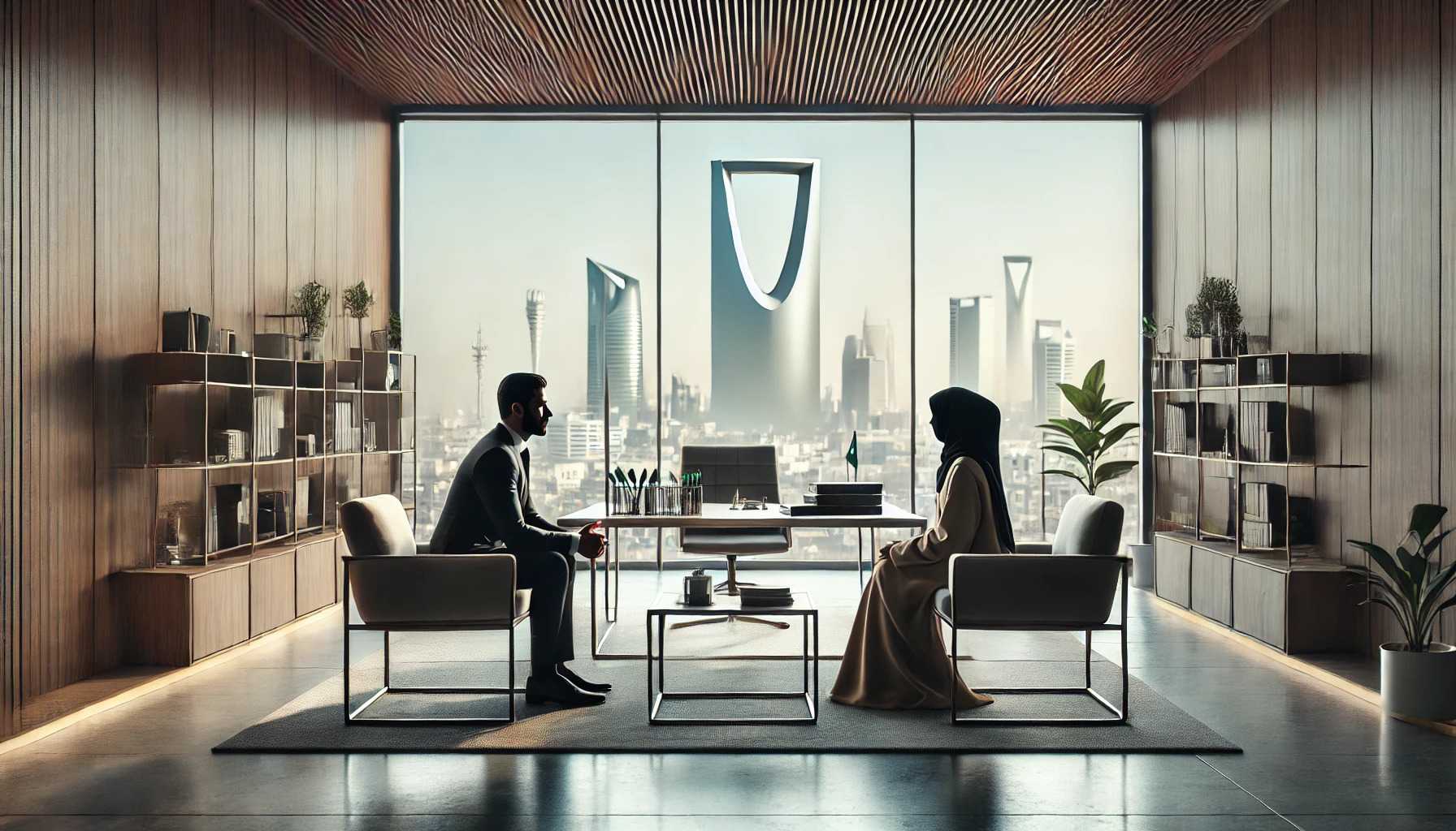 A professional office setting featuring a man in a suit and a woman in traditional Saudi attire engaged in a dialogue. The background showcases a panoramic view of Riyadh's skyline, including the iconic Kingdom Tower. (Source: DALL-E)