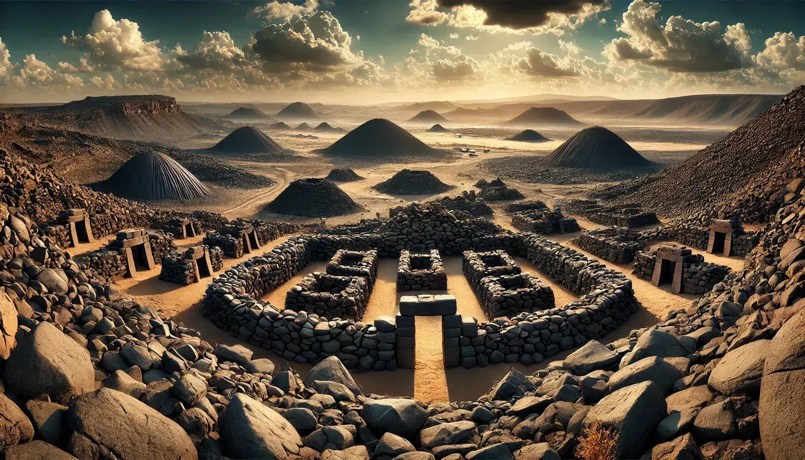 Harrat Khaybar volcanic field in Saudi Arabia, showcasing ancient lava flows and Neolithic stone gates against a rugged landscape.