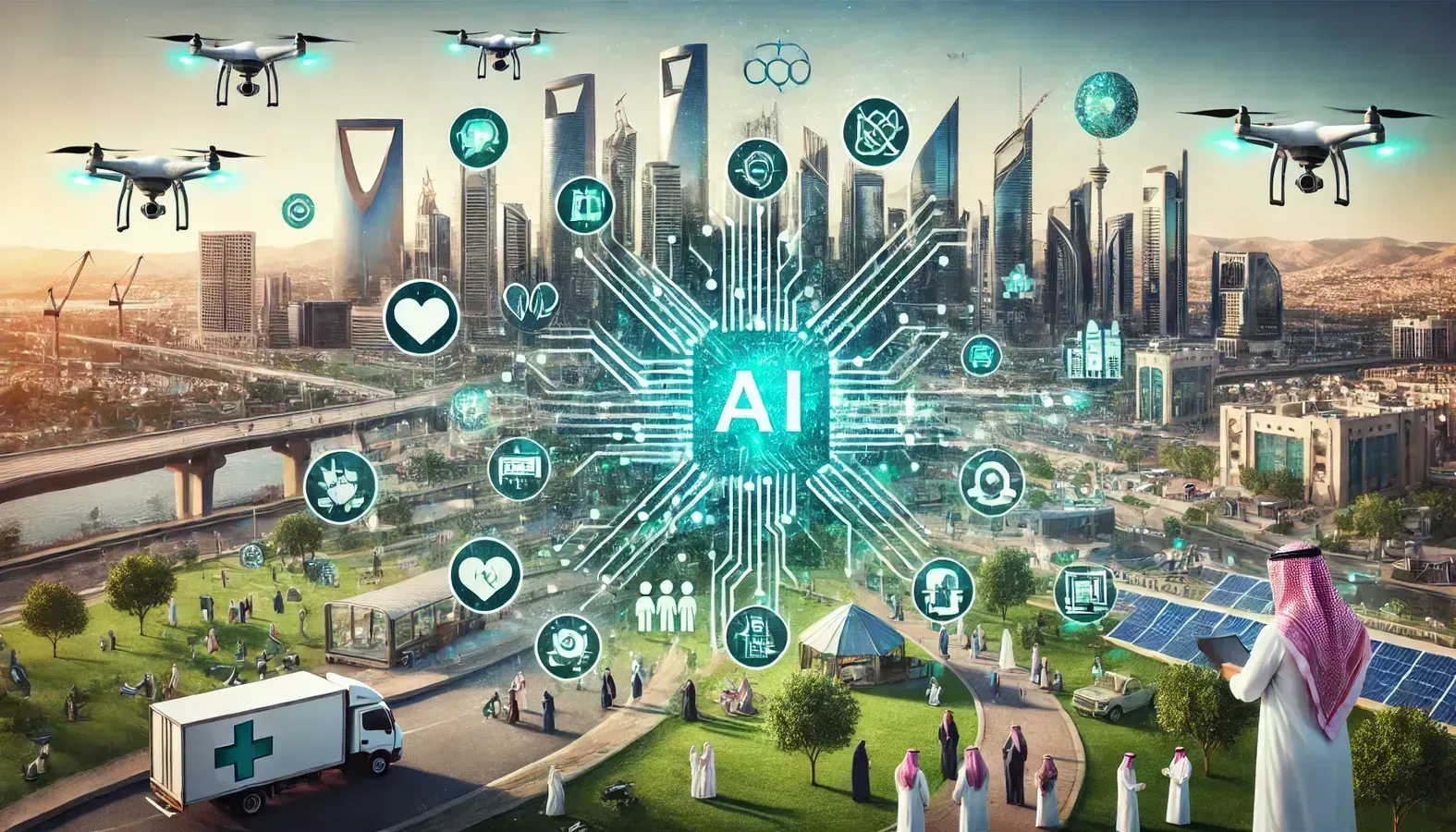 Overview of Saudi Arabia’s AI-driven advancements in healthcare, education, sustainability, and economic diversification, highlighting milestones like the National AI Strategy 2.0 and ethical AI development.