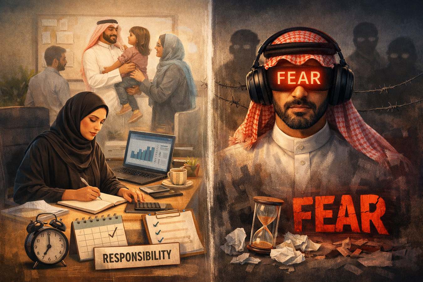 A conceptual illustration of focus and distraction in everyday Saudi life, reflecting social change and responsibility in Saudi Arabia.