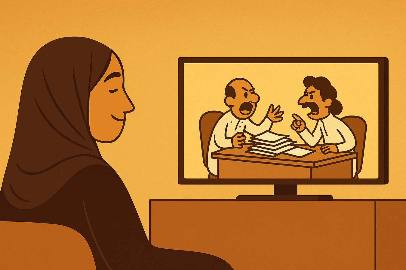 A Saudi woman smiles while watching a television cartoon showing two men arguing over paperwork, echoing the style and humour of the Saudi satire Masameer.