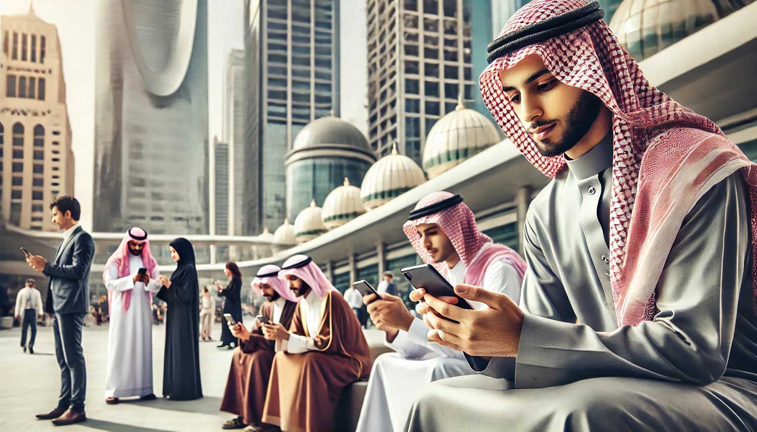 Modern Saudi cityscape with men and women in traditional attire using smartphones and tablets, symbolizing the blend of heritage and technology in contemporary Saudi life.