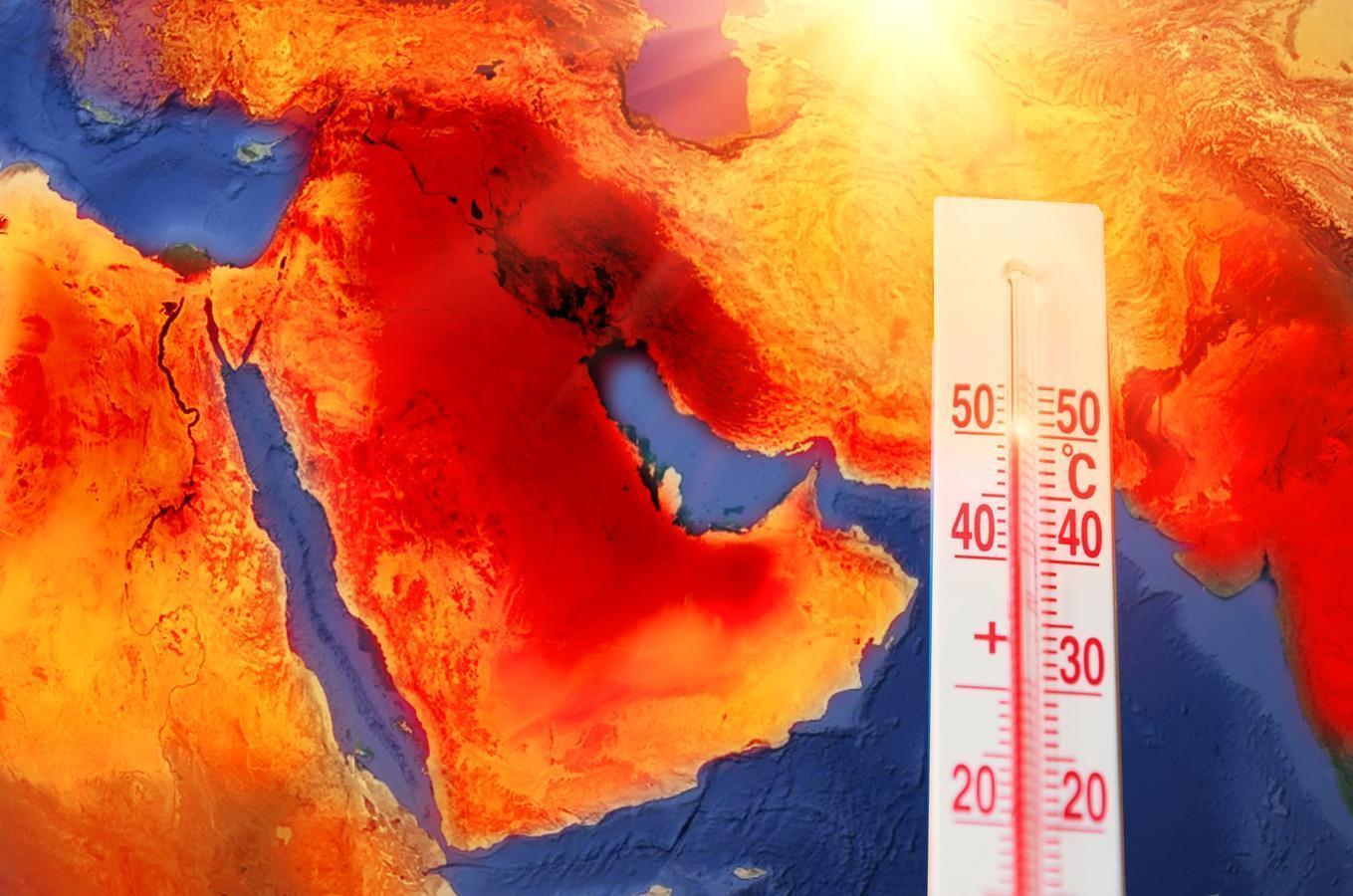 A heat map of Saudi Arabia with a thermometer indicating extreme temperatures, illustrating the effects of climate change in the region.