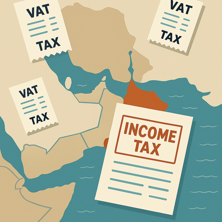 Illustration of a stylized Gulf map with Oman highlighted in red-orange, surrounded by VAT receipts and a large income tax document — symbolizing Oman’s 2028 income tax policy and its ripple effect across the region.