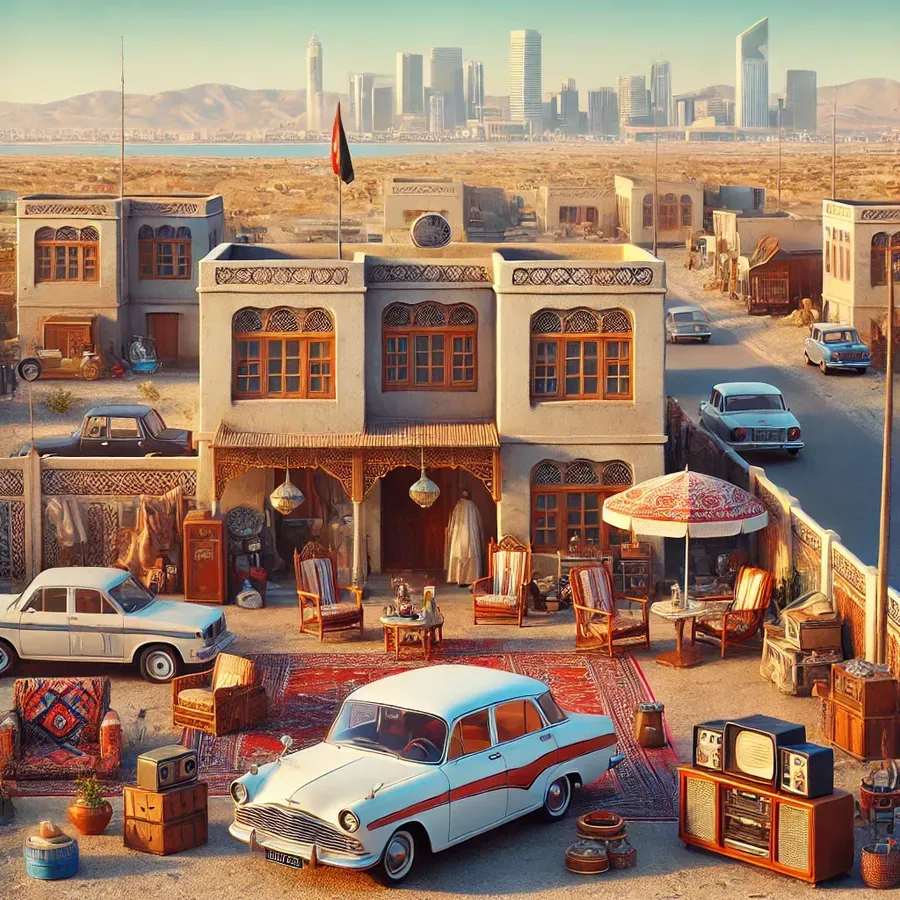 A nostalgic depiction of 1970s expatriate life in Saudi Arabia, featuring traditional compounds, vintage cars, Arabic patterns, and desert surroundings.