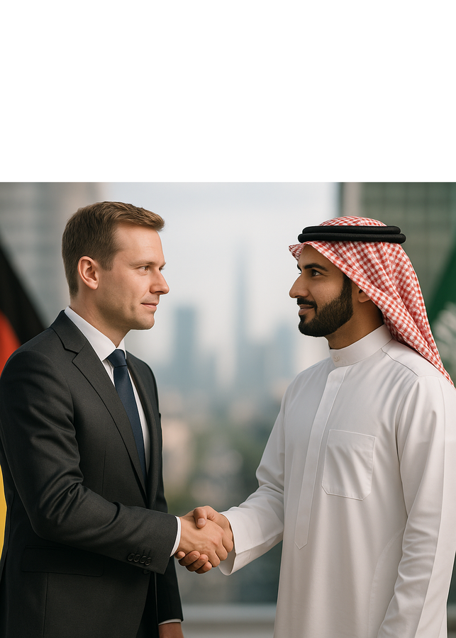 A German businessman in a suit and a Saudi man in a traditional white thobe and red ghutra shake hands in front of blurred city buildings, with faint German and Saudi flags in the background.