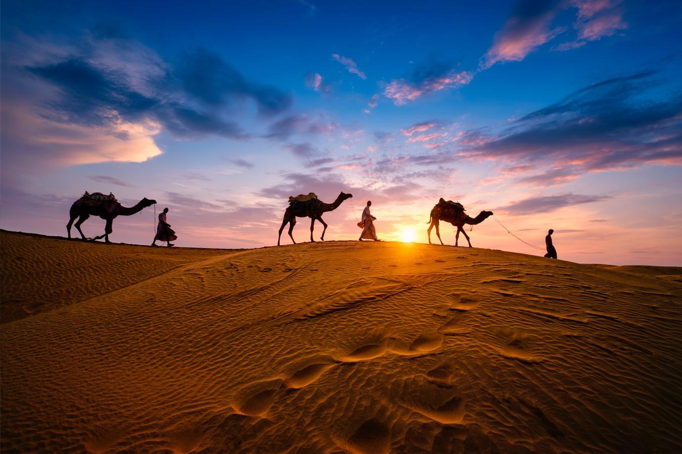 Bedouins with camels walking across a golden sand dune at sunset, reflecting the nomadic lifestyle and the spirit of integrity and trust that defined life in the Arabian Peninsula. The warm glow of the sun highlights their journey, symbolizing resilience