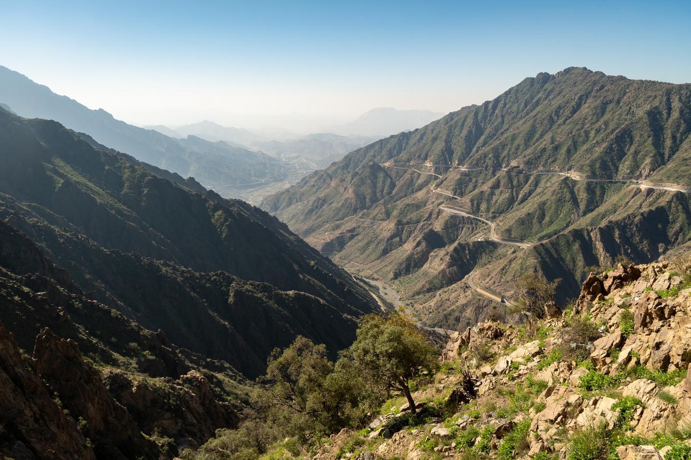 A winding mountain road in the Hijaz mountains, near the Al Bahah region of Saudi Arabia. "Mountain road in the Hijaz mountains near Al Bahah, Saudi Arabia."
