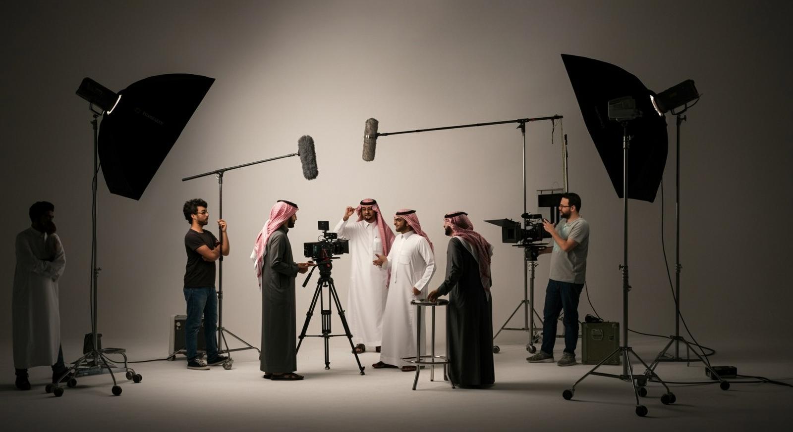 A professional film set featuring Saudi men in traditional attire working with a production crew. The setup includes cameras, lighting equipment, and boom microphones, illustrating the growing Saudi film industry.