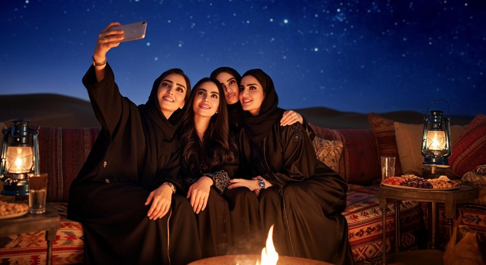 Saudi women take a selfie by the fire, reflecting how digital life reshapes reputation and identity.