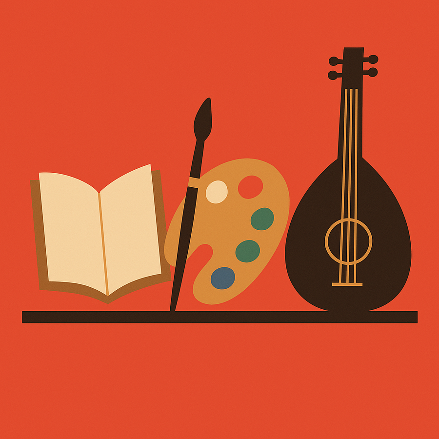 A minimalist illustration on a red background showing an open book, an artist’s palette with a paintbrush, and an oud placed side by side, symbolising literature, visual arts, and music in Saudi culture.