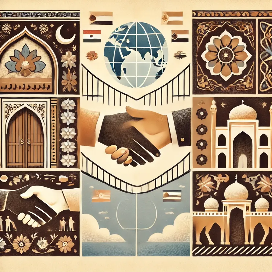 A conceptual illustration of diplomacy showing a symbolic bridge connecting two cultures, with a traditional Middle Eastern door and palm tree on one side and a globe on the other. Two hands reach out in the center, symbolizing mutual understanding and co