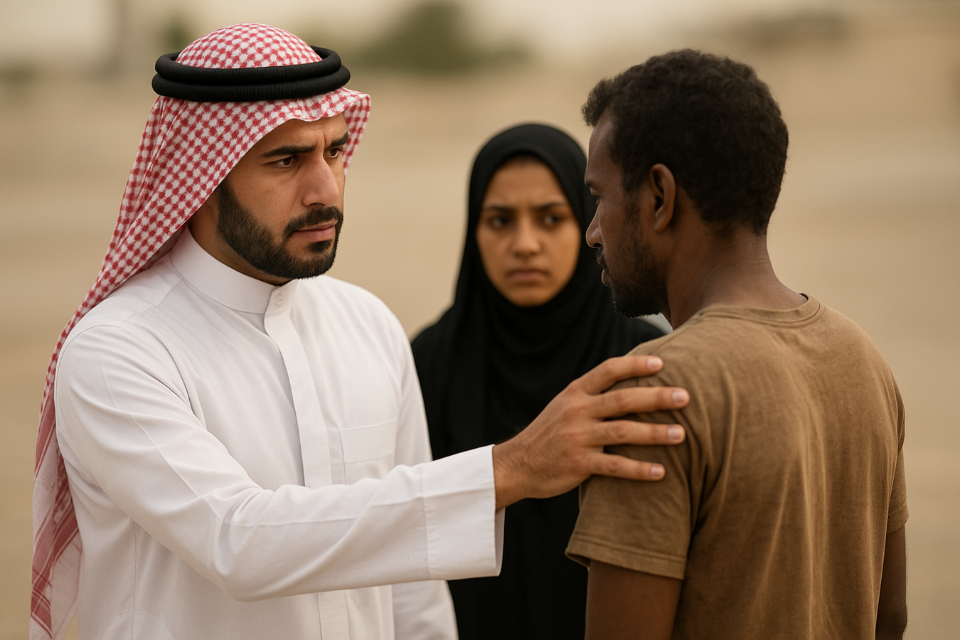 Saudi man in traditional white thobe and red-checkered headscarf places a hand on the shoulder of an African migrant, with a woman in a black hijab watching in the background.