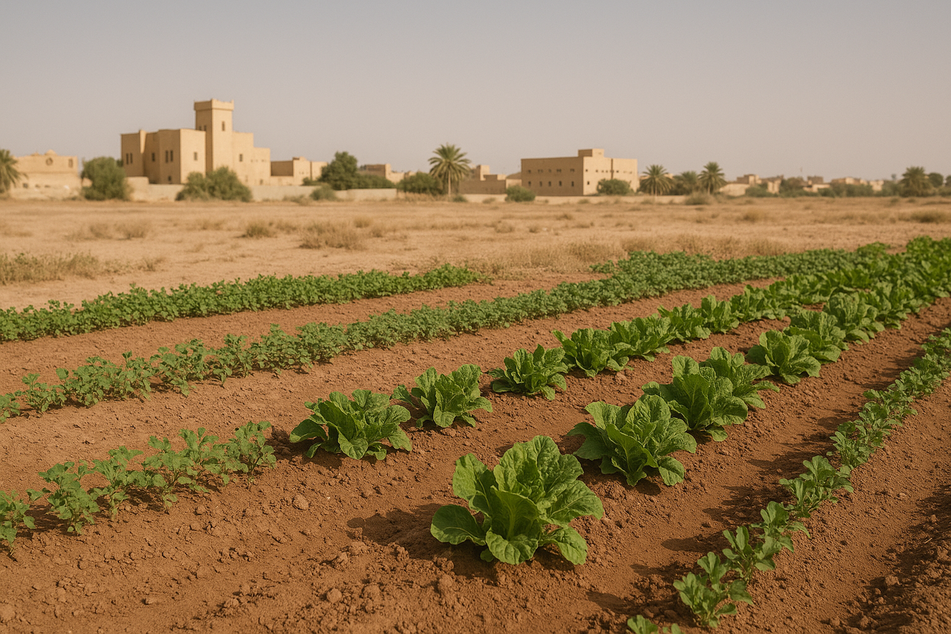 Cultivated rows of leafy green plants growing in sandy soil with traditional beige buildings and palm trees in the background under clear desert sunlight.