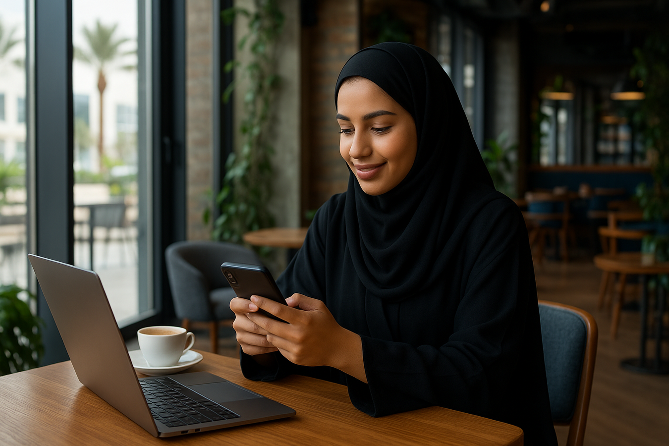 Saudi woman browsing on her phone in a modern Jeddah café with Wi-Fi connection.
