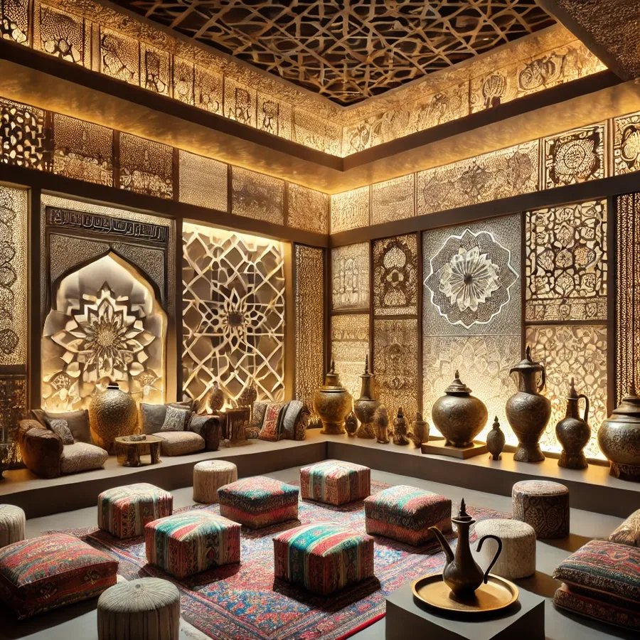 A room symbolizing Saudi-Iranian unity, featuring Saudi coffee pots, Persian rugs, and Islamic geometric patterns with warm ambient lighting.